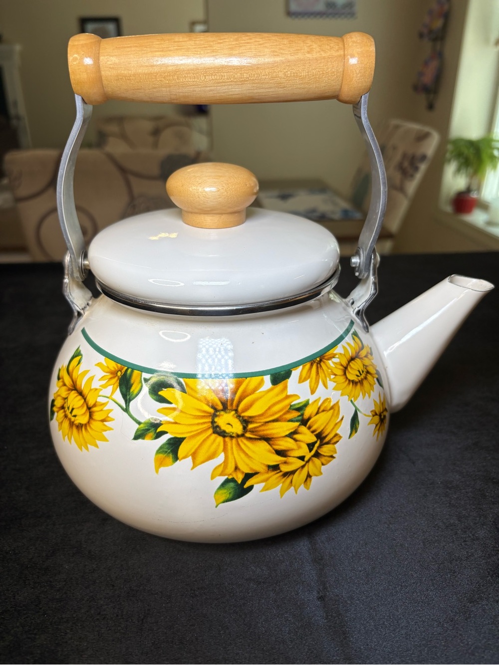 Vintage Teapot Classic White Enamel Body/ Vibrant Sunflower Design - Picture 2 of 9